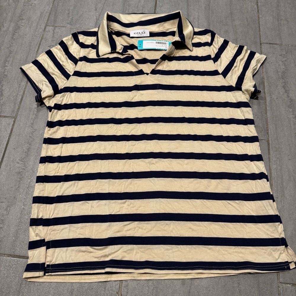 GILLI Polo V Neck Collared Short Sleeve Blue White Striped Knit Top NWT Size XL